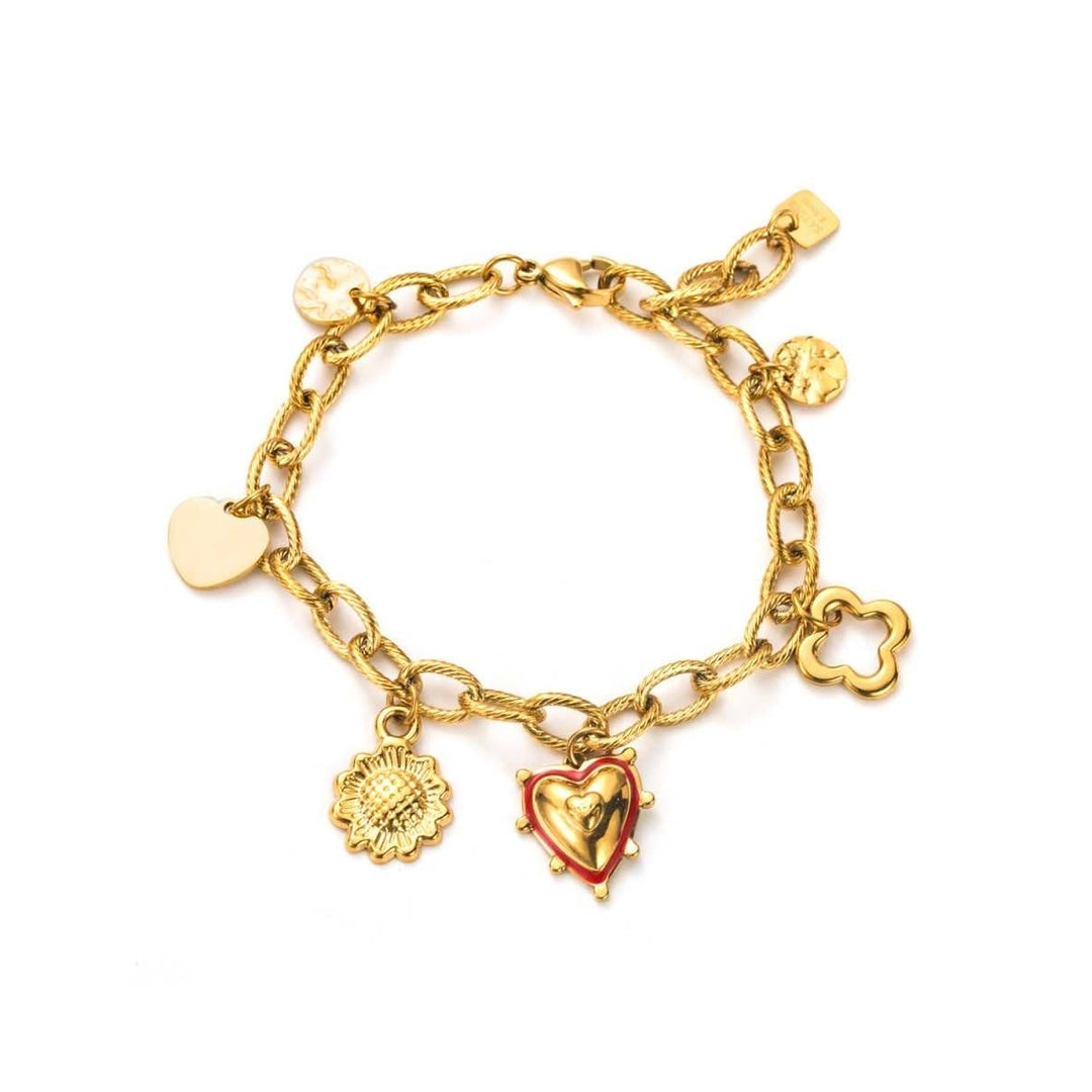 Bracelet doré chaîne à breloques avec coeur sacré, trèfle, fleur et médaillons – longueur réglable, bijou hypoallergénique et résistant à l’eau