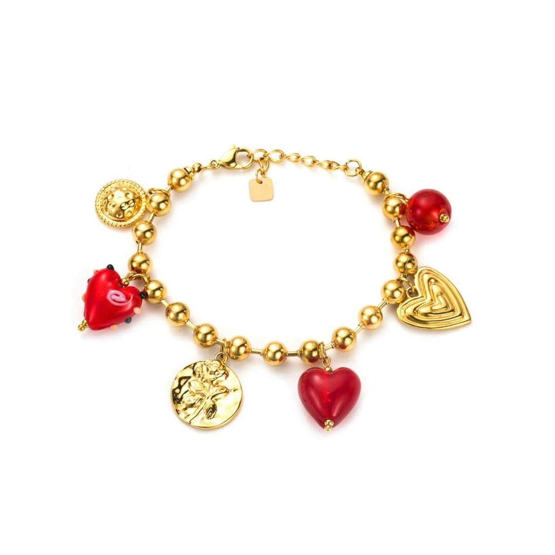 Bracelet doré à breloques coeurs rouges en verre de Murano avec chaîne à boules – bijou réglable et hypoallergénique