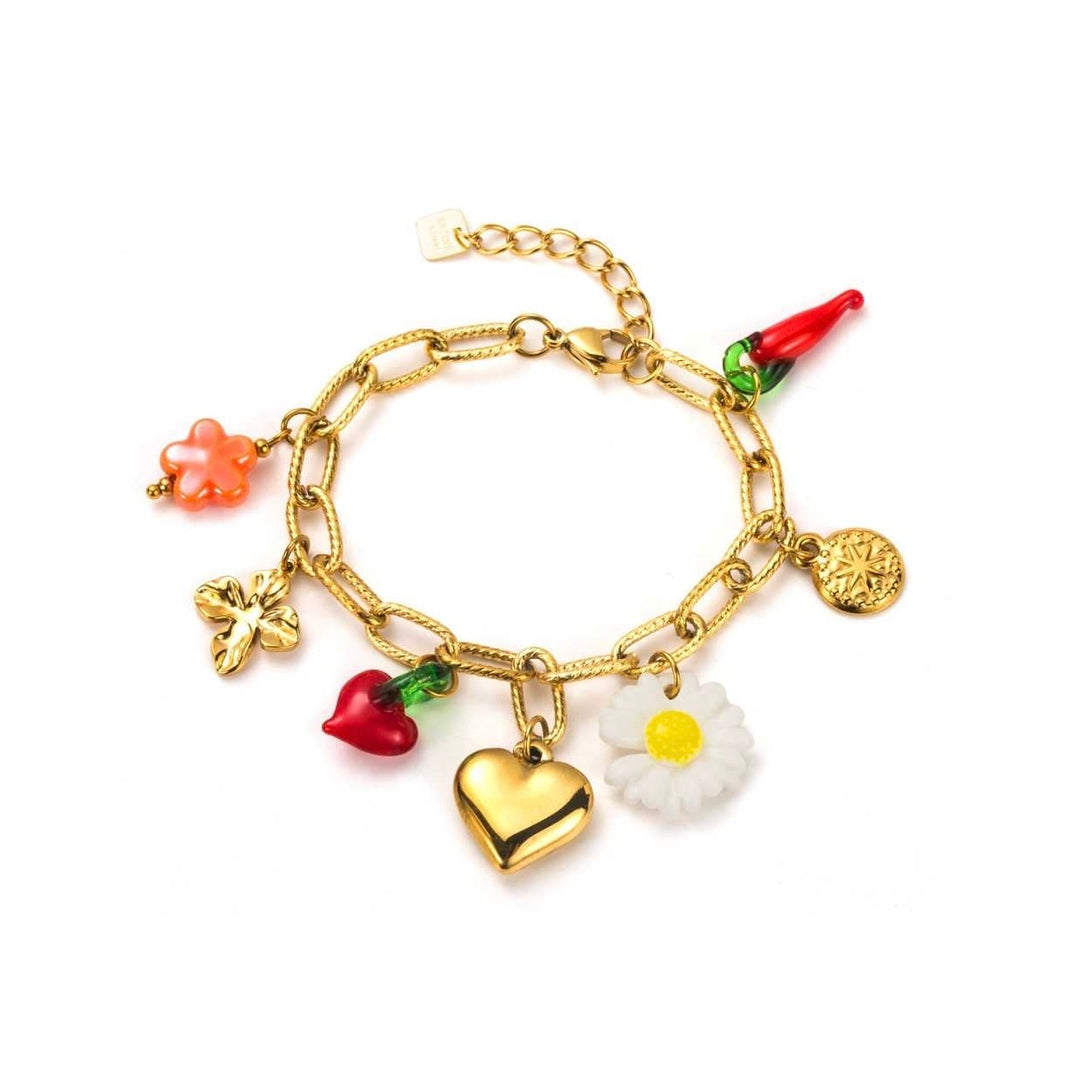 Bracelet doré chaîne à breloques fantaisie avec coeur, marguerite, piments rouges, fleur et médaillons – bijou femme résistant à l’eau et hypoallergénique