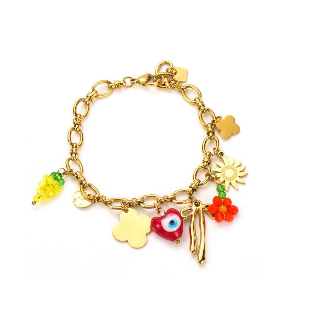 Bracelet doré à breloques avec soleil, coeur, trèfle et nœud papillon – chaîne réglable, bijou hypoallergénique et résistant à l’eau
