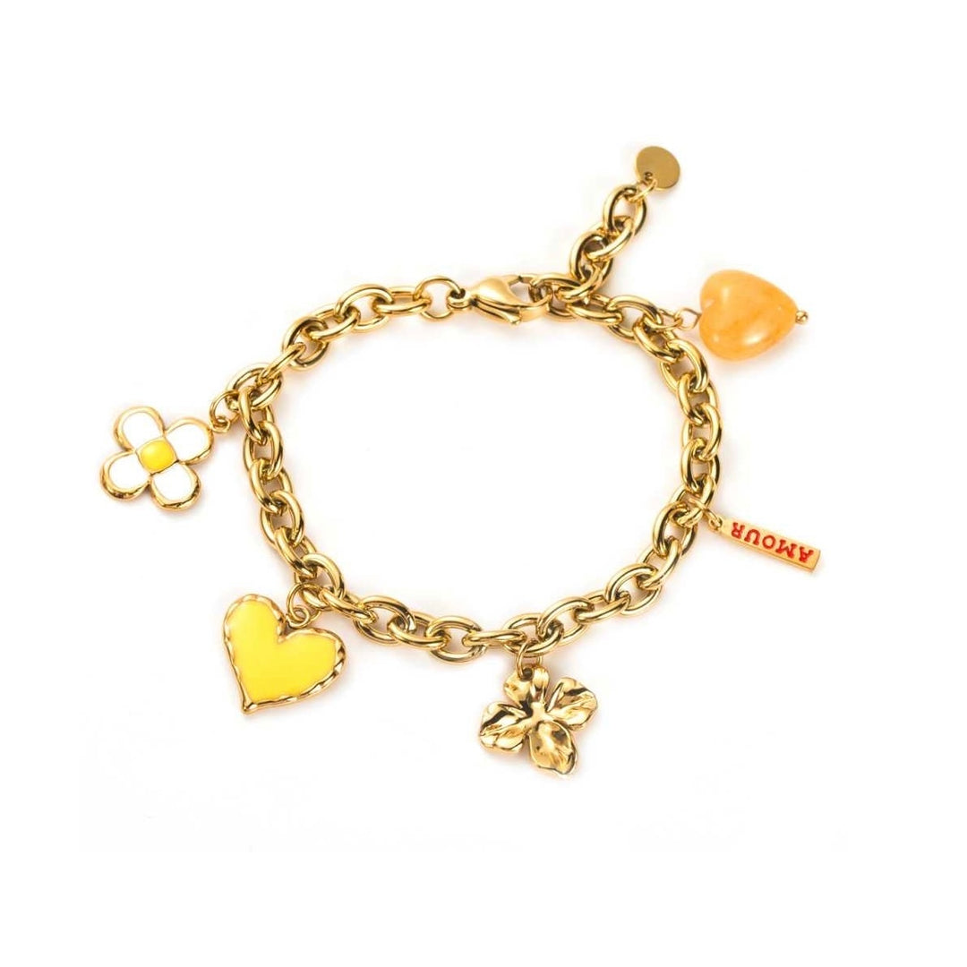 Bracelet doré avec charms marguerite, cœur jaune, pétale doré et médaillon amour