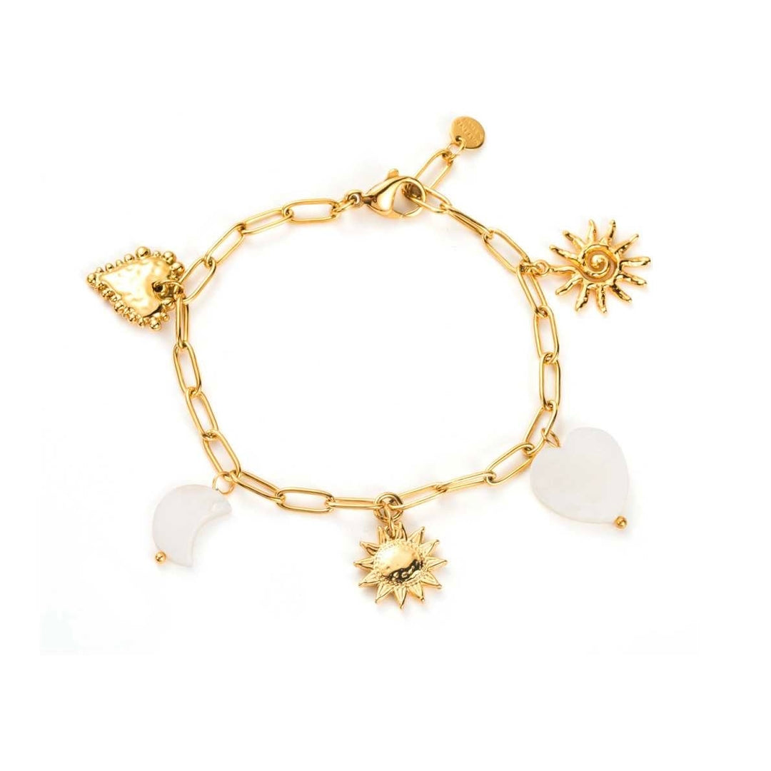 Bracelet doré à charms avec soleil, cœur blanc et demi-lune