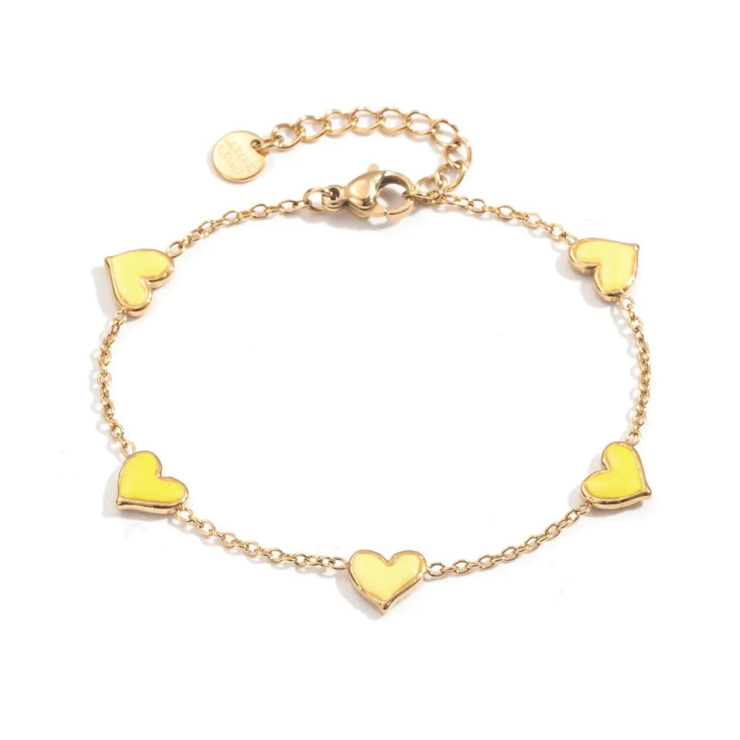 Bracelet doré en acier inoxydable avec petits cœurs jaunes émaillés, bracelet fin tendance et élégant pour femme.