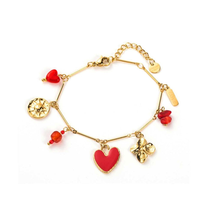 Bracelet doré fin avec charms cœur rouge, pétales de fleurs dorés et pendentif LOVE – bijou hypoallergénique réglable