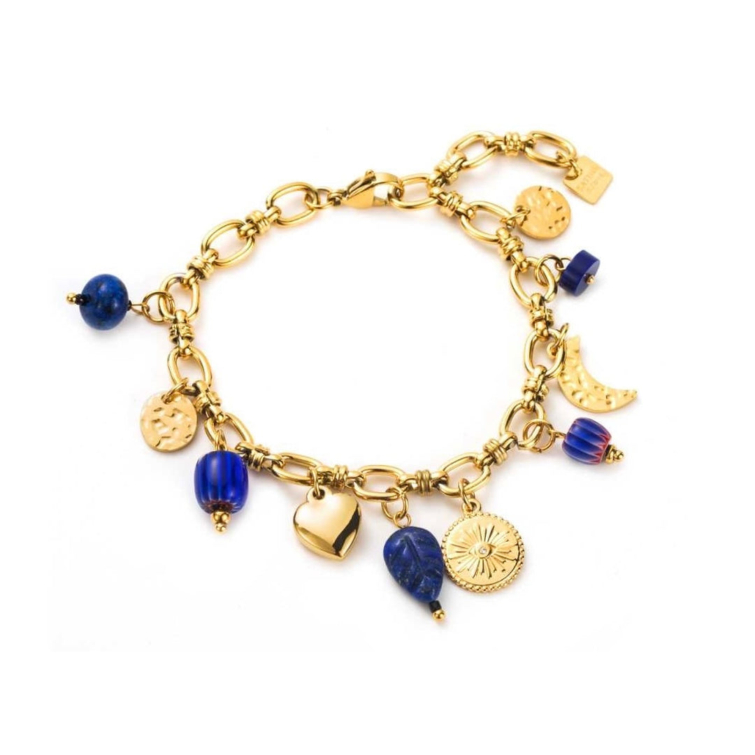 Bracelet doré à maillons avec breloques bleues et dorées en acier inoxydable hypoallergénique, résistant à l’eau et au ternissement
