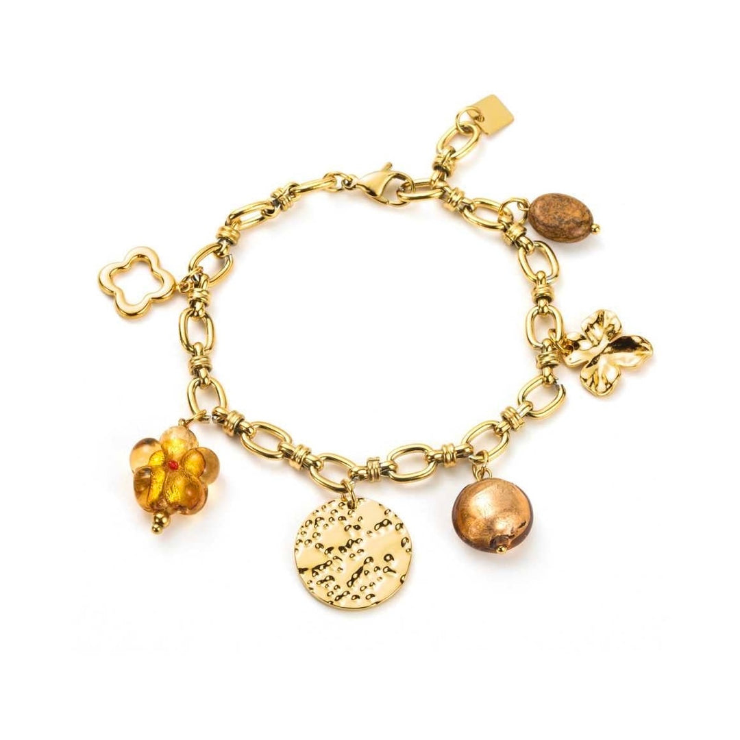 Bracelet doré en maillons acier inoxydable avec breloques fleur, médaillons martelés, trèfle doré et résine, réglable 16+3 cm