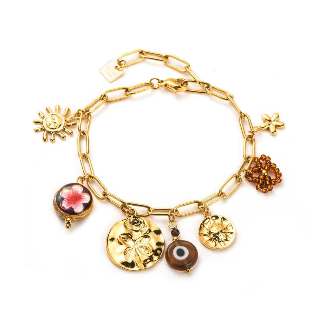 Bracelet doré en maillons acier inoxydable avec breloques fleurs, soleil, médaillons et résine, réglable 16+3 cm