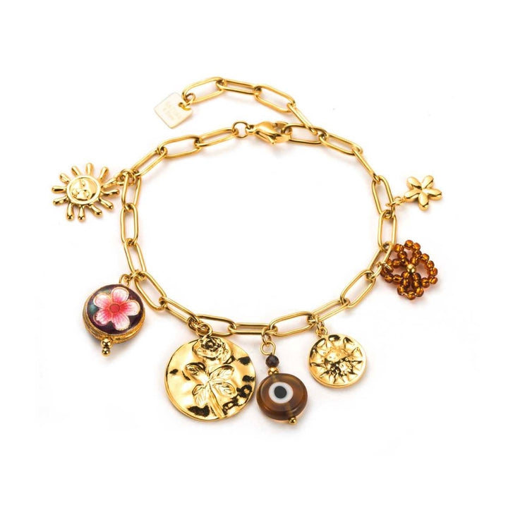Bracelet doré en maillons acier inoxydable avec breloques fleurs, soleil, médaillons et résine, réglable 16+3 cm