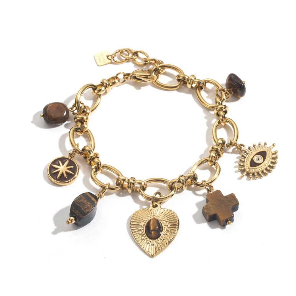 Bracelet doré en acier inoxydable avec breloques marron et dorées