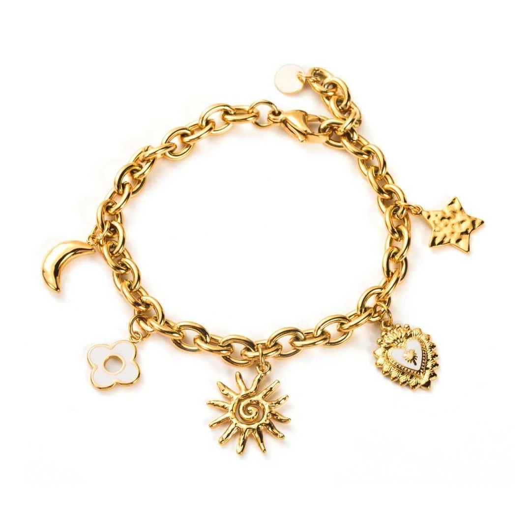 Bracelet doré à maillons avec breloques soleil, lune, étoile, fleur et cœur blanc en acier inoxydable hypoallergénique