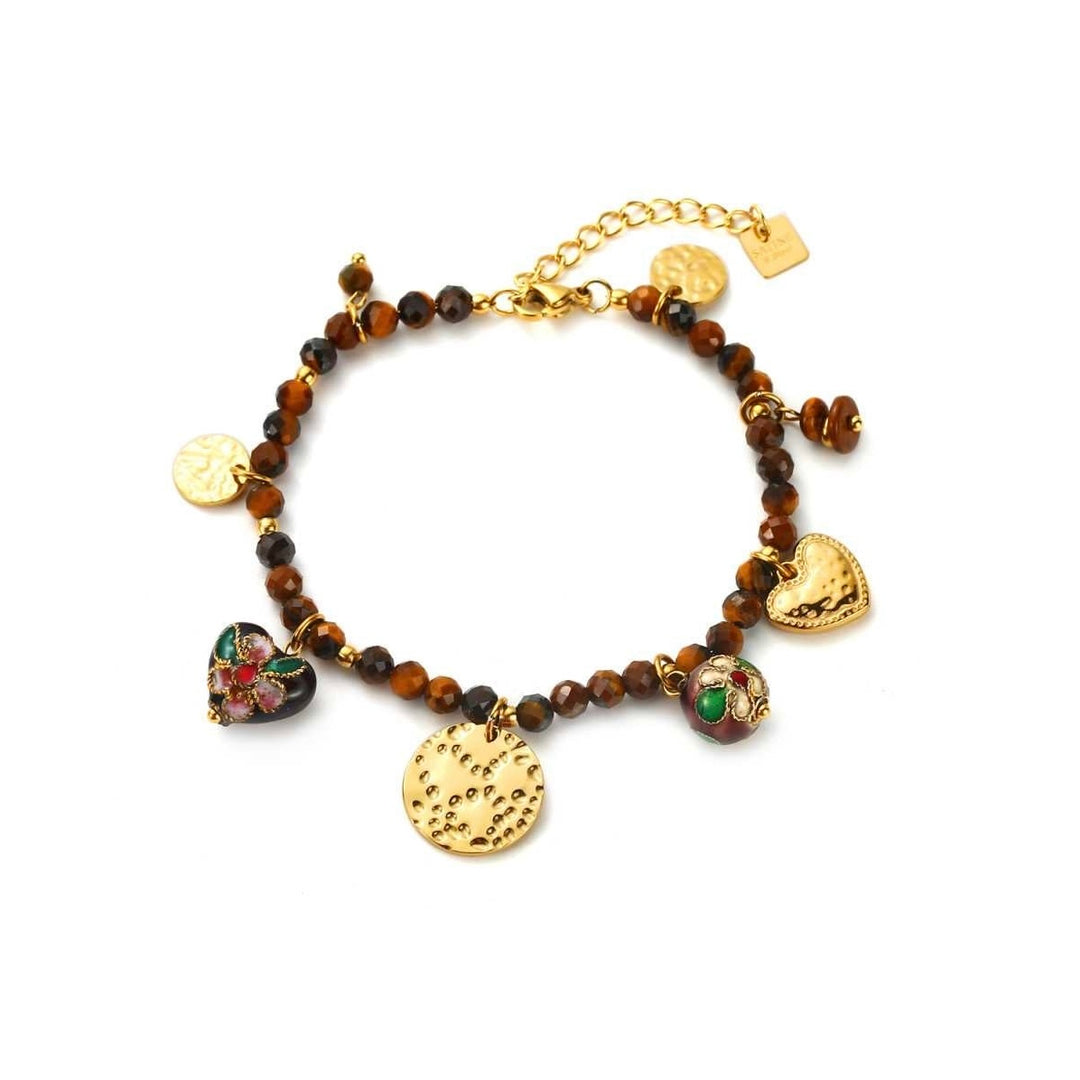 Bracelet doré et marron en petites perles avec breloques cœur et médaillons martelés – Bijou réglable en acier inoxydable hypoallergénique