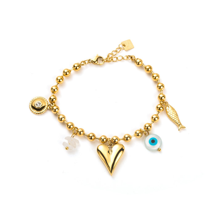 Bracelet doré en acier inoxydable à breloques – cœur, œil et perles fantaisie