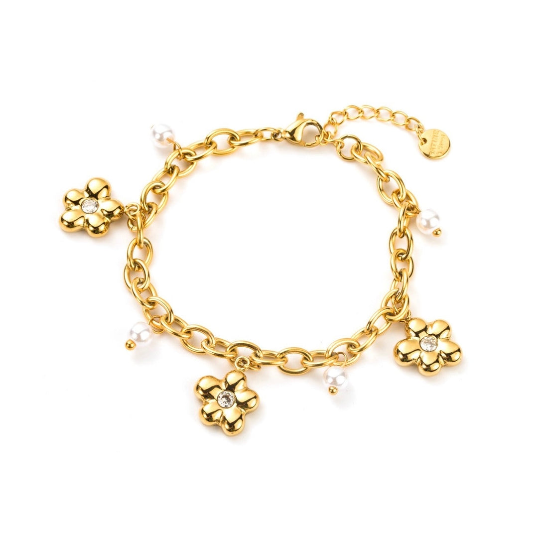 Bracelet maille doré en acier inoxydable avec mini fleurs à strass et perles blanches réglable 16+3 cm hypoallergénique