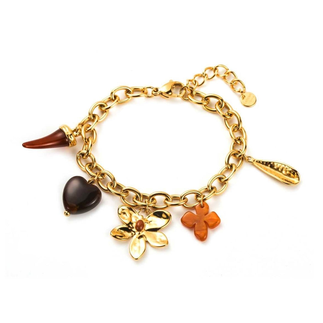 Bracelet maillons dorés en acier inoxydable avec breloques fleur et feuille dorées, cœur, piment et fleur en résine marron, réglable 16+3 cm