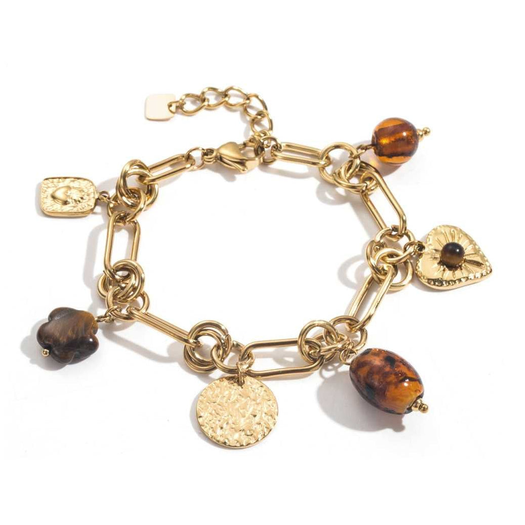 Bracelet doré à maillons épais avec perles résine, médaillons et cœur doré