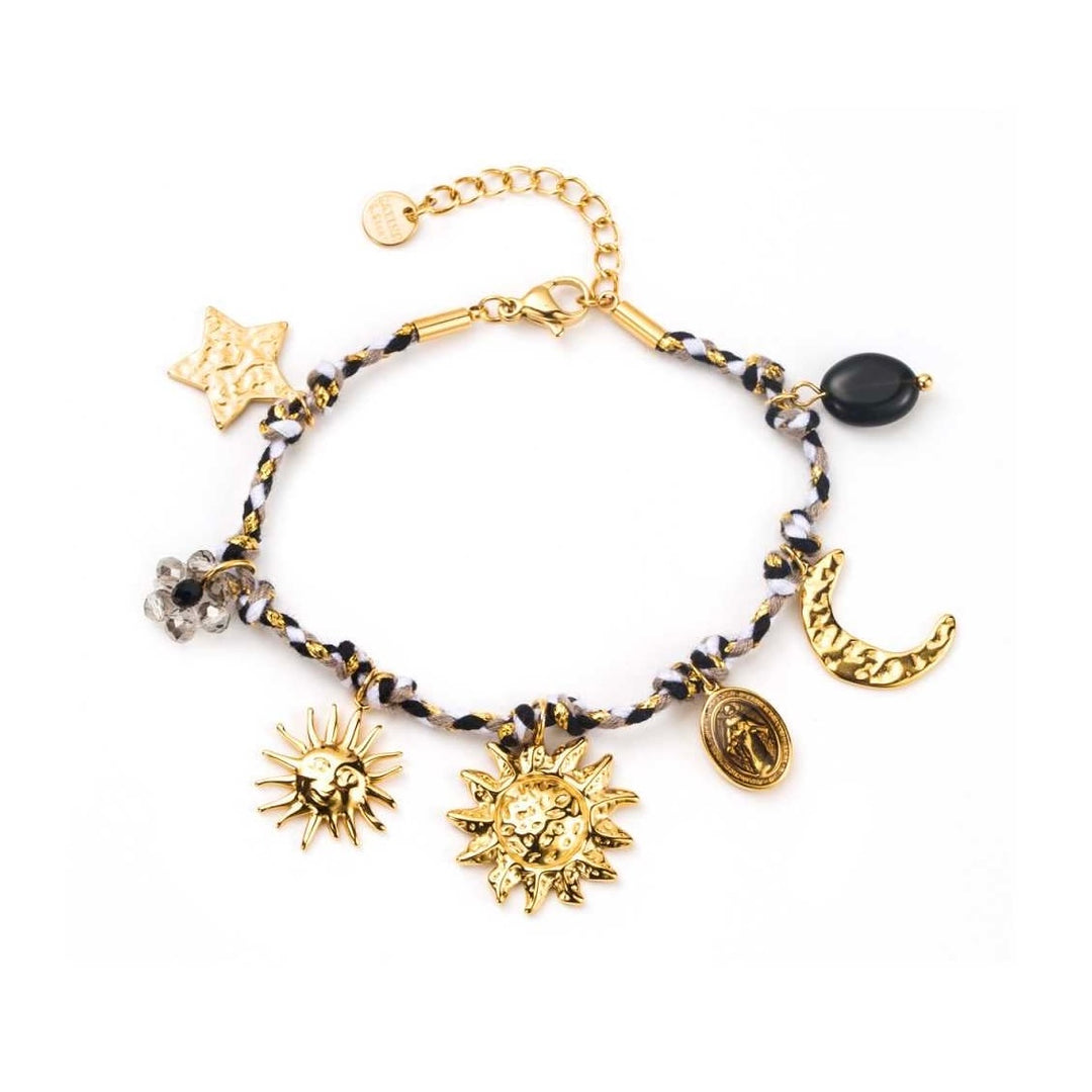 Bracelet pampille fil en acier inoxydable doré noir et blanc avec breloques soleil, lune, étoile et marguerite – Bijou réglable et hypoallergénique
