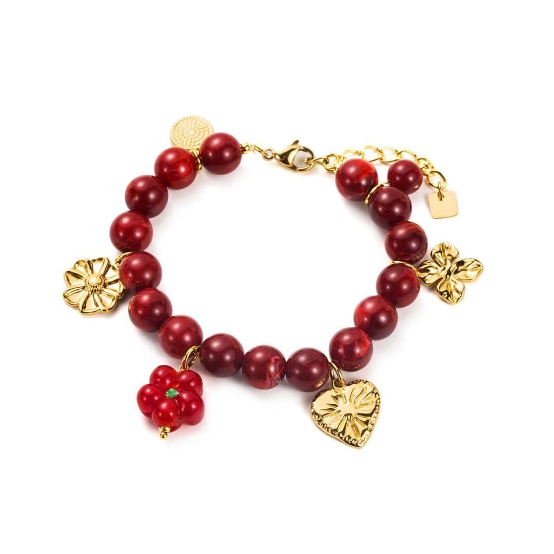 Bracelet perles bordeaux et doré avec breloques fleurs et cœur en acier inoxydable hypoallergénique, résistant à l’eau et au ternissement