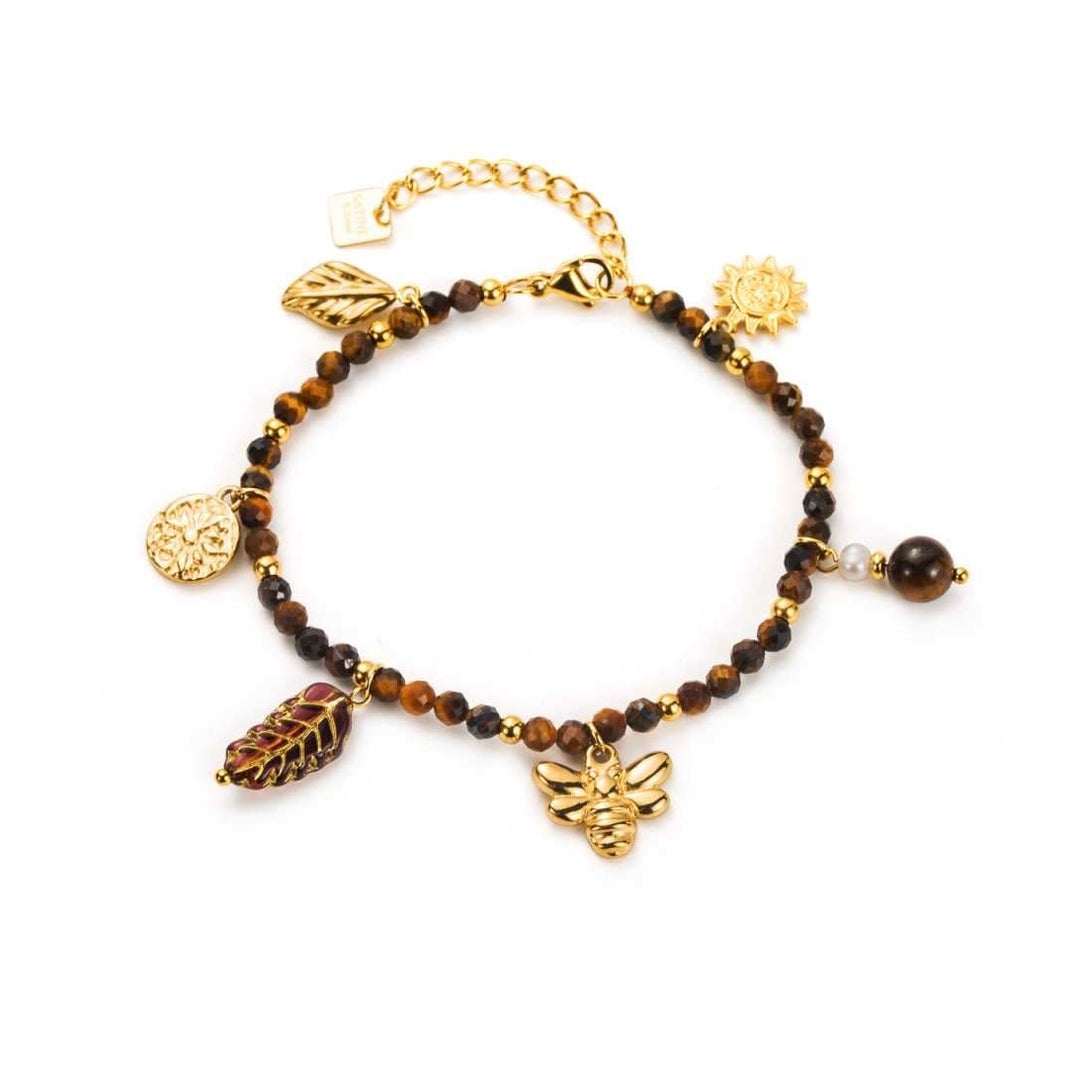 Bracelet perles marron et doré avec breloques feuille, soleil et papillon en acier inoxydable hypoallergénique et résistant à l’eau