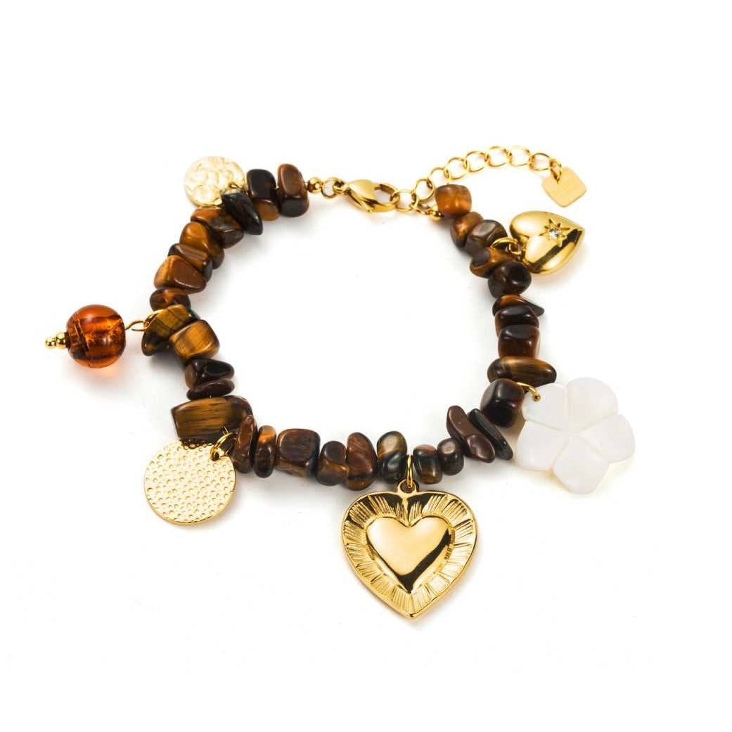 Bracelet pierres marron en acier inoxydable doré avec breloques cœur, médaillon, perle marron et fleur blanche, réglable 16+3 cm