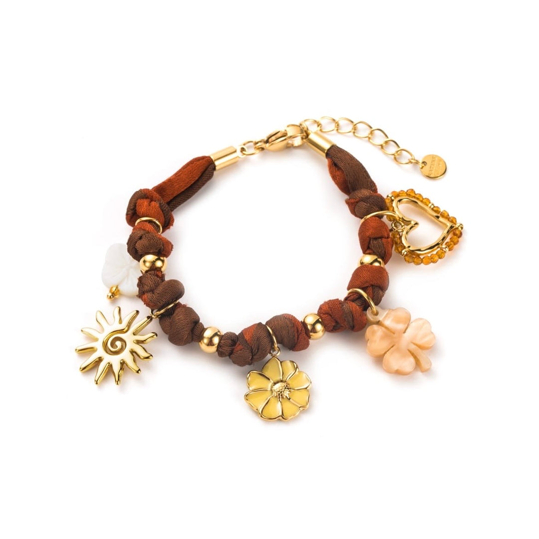Bracelet ruban chocolat et doré en acier inoxydable avec breloques fleurs, soleil et cœur
