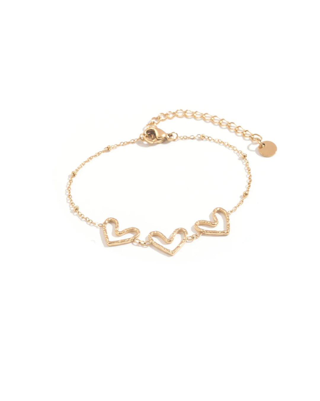Bracelet trois cœurs doré femme en acier inoxydable avec cœurs ajourés et chaîne fine ajustable