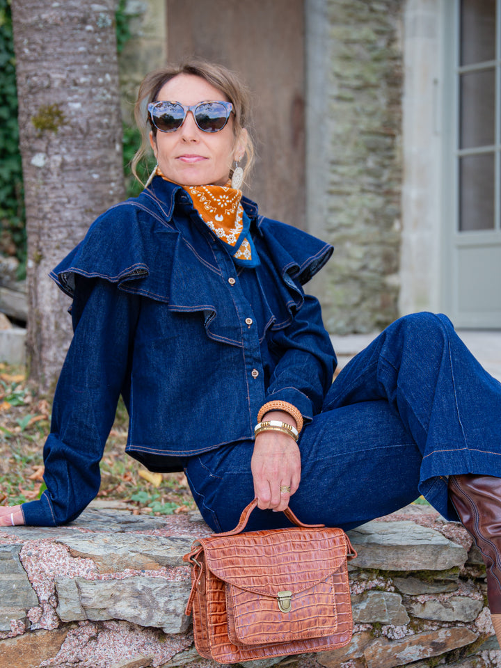 Chemise en jean brut à volants pour femmes couture camel