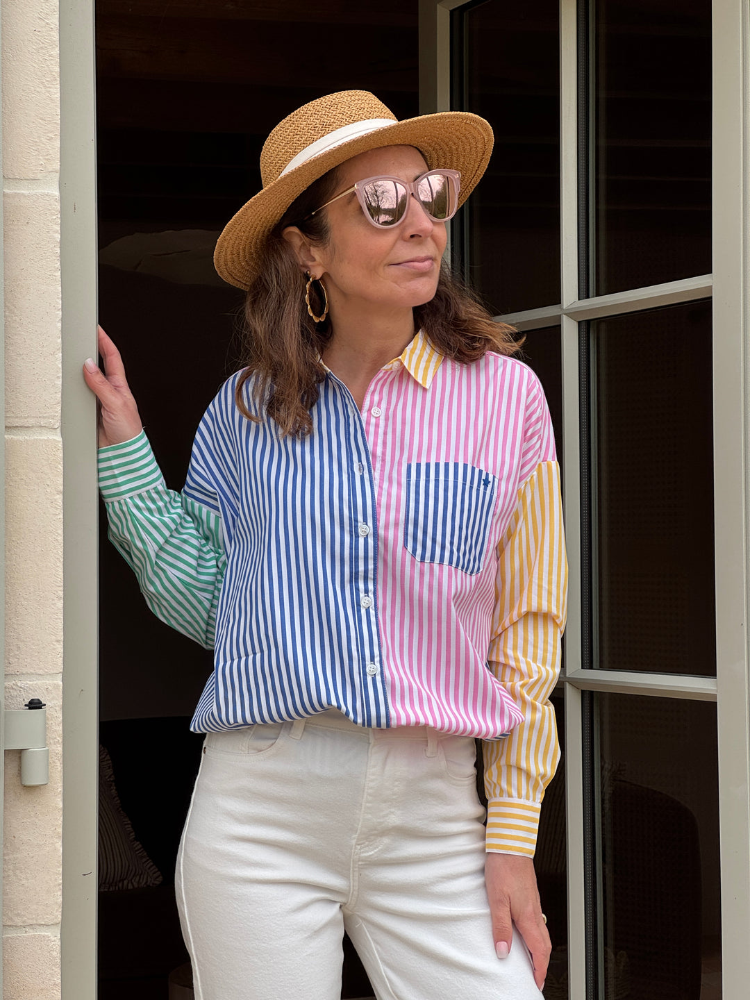 Chemise femme oversize à rayures tennis multicolores manches longues, idéale mi-saison