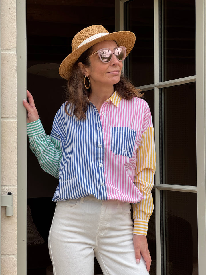 Chemise femme oversize à rayures tennis multicolores manches longues, idéale mi-saison