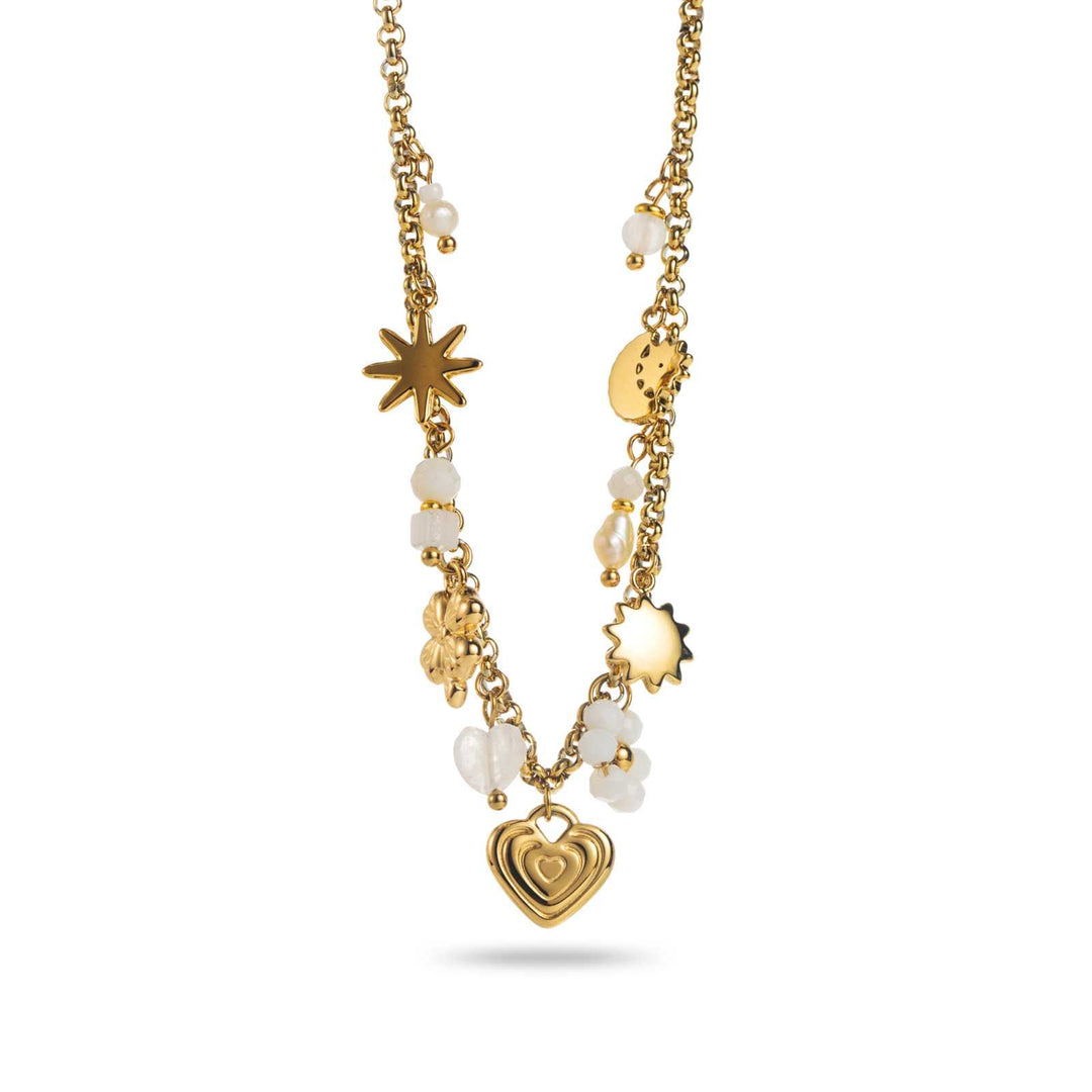 Collier doré en acier inoxydable avec breloques cœur, étoiles et perles blanches, longueur réglable, bijou résistant à l’eau et hypoallergénique