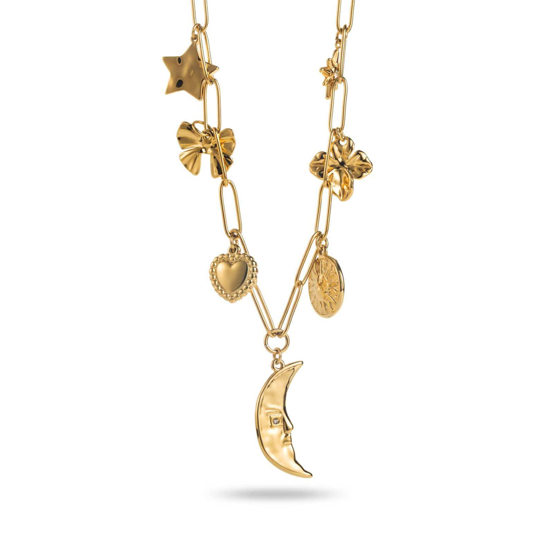 Collier doré en acier inoxydable avec breloques lune, cœur, étoile et médailles, chaîne à maillons larges réglable, bijou hypoallergénique et résistant à l’eau