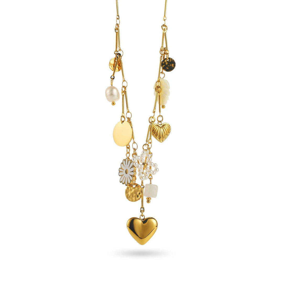 Collier acier inoxydable doré et blanc avec breloques et cœur central – Chaîne fine hypoallergénique