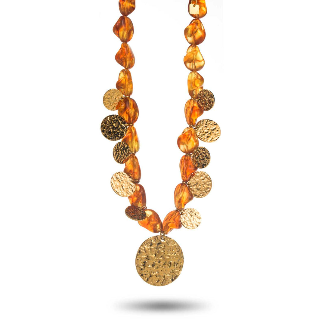 Collier ambre avec breloques pièces martelées dorées, gros collier en acier inoxydable réglable