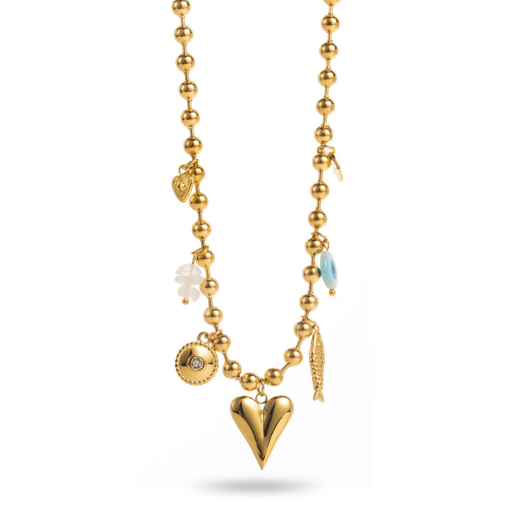 Collier doré à petites perles avec breloques cœur et œil en acier inoxydable – bijou tendance femme