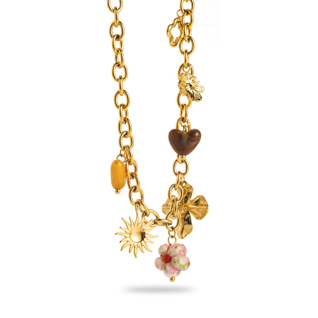 Collier chaîne à maillons dorés en acier inoxydable avec breloques soleil, fleurs et cœur – Bijou hypoallergénique et résistant à l’eau