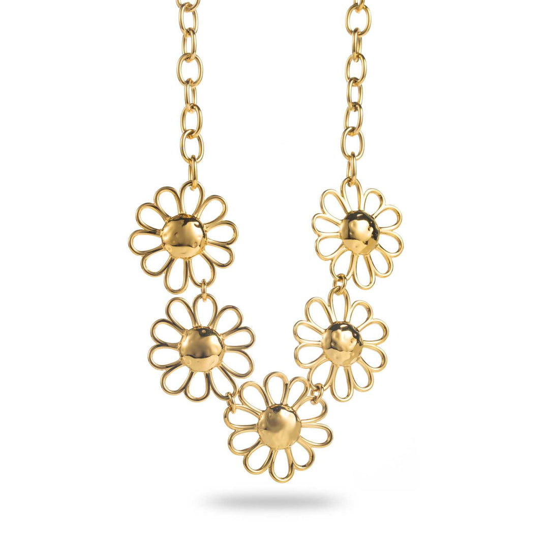 Collier doré à 5 marguerites ajourées en acier inoxydable avec chaîne réglable, hypoallergénique et résistant à l’eau