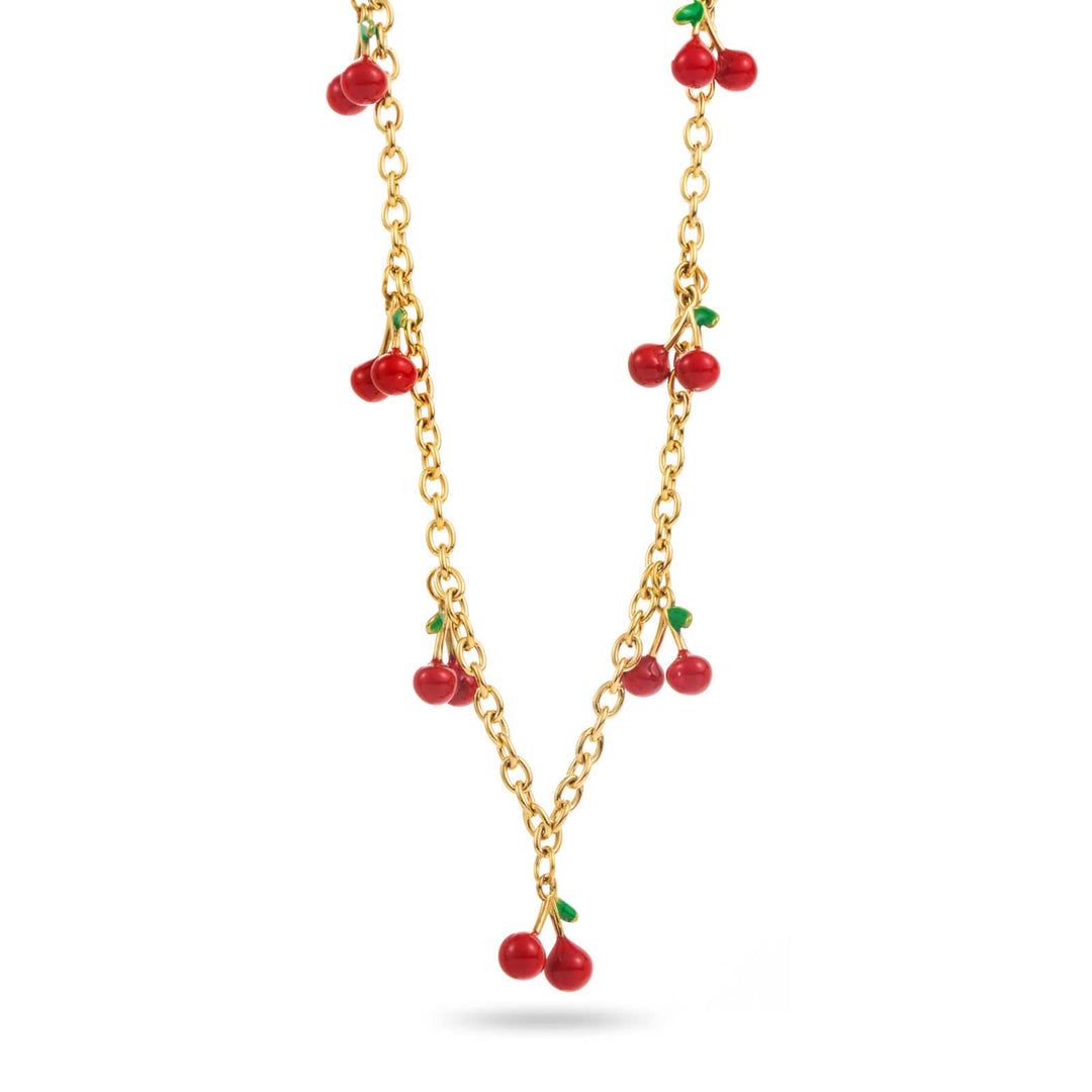 Collier doré en acier inoxydable avec 7 pendentifs cerises rouges sur chaîne maille réglable, bijou hypoallergénique résistant à l’eau