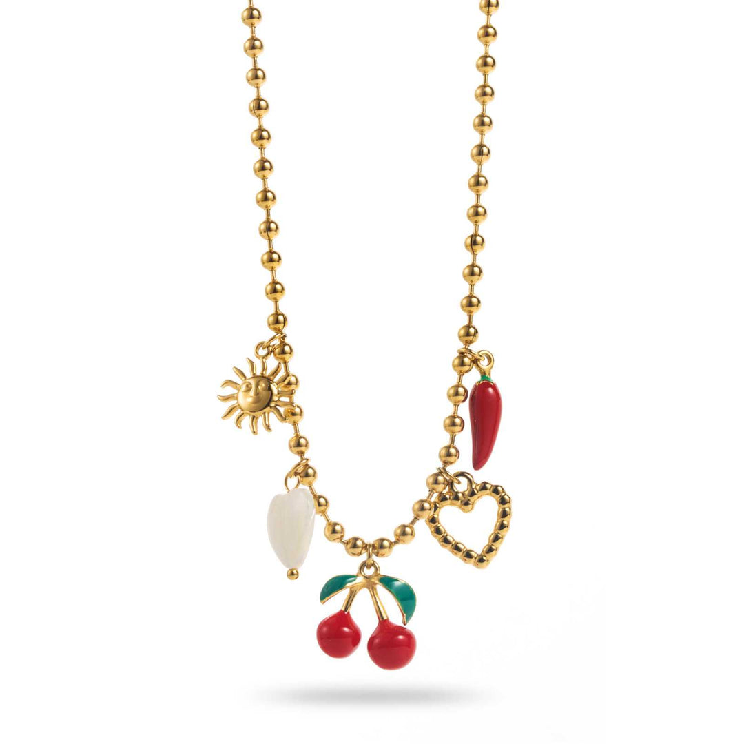 Collier doré en acier inoxydable avec chaîne perles et breloques cerise, soleil, cœur et piment rouge, bijou fantaisie hypoallergénique réglable