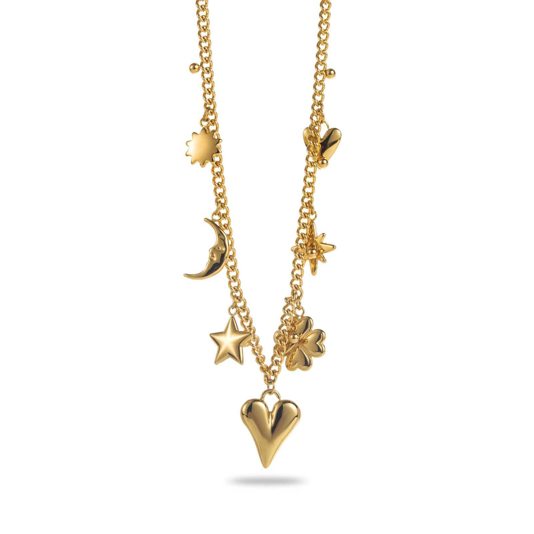 Collier doré en acier inoxydable à maillons fins avec breloques cœur, étoile, trèfle et lune – Bijou hypoallergénique et résistant à l’eau