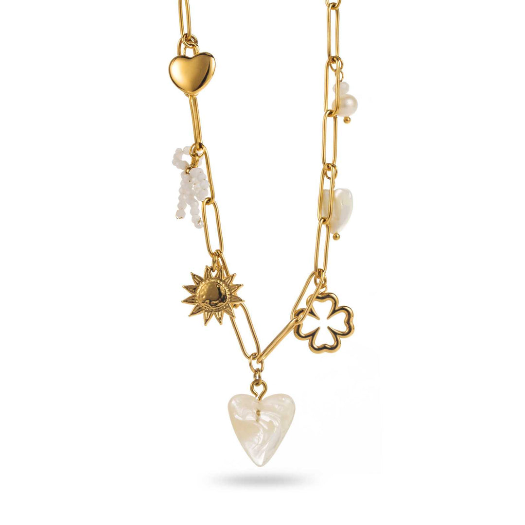 Collier doré en acier inoxydable avec cœur nacre, trèfle et soleil – bijou femme élégant et ajustable