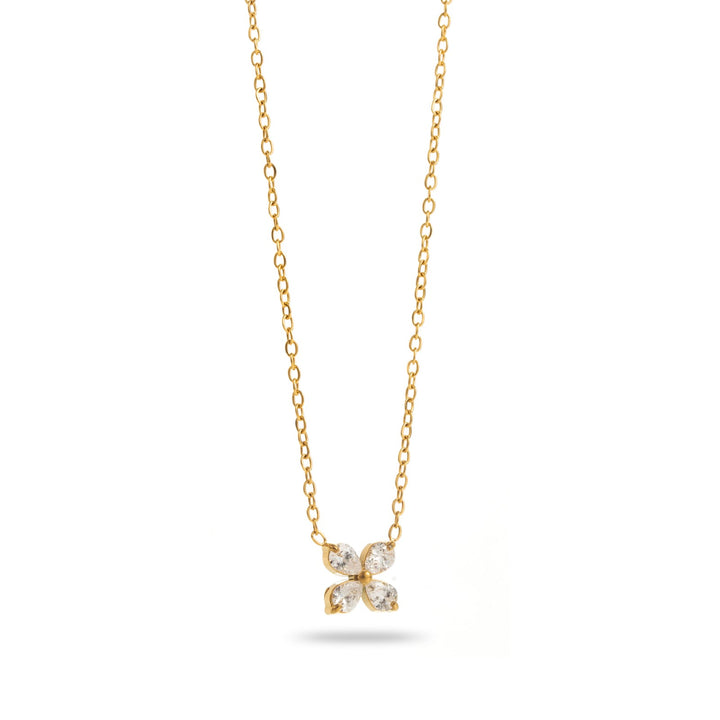 Collier chaîne fine dorée en acier inoxydable avec trèfle à strass blancs et perle dorée centrale – Bijou élégant et hypoallergénique