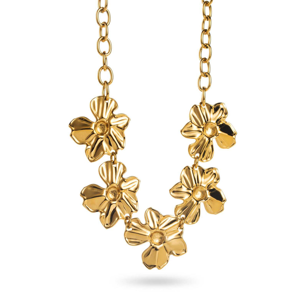 Collier doré en acier inoxydable avec 5 fleurs en relief, chaîne réglable hypoallergénique et résistante à l’eau