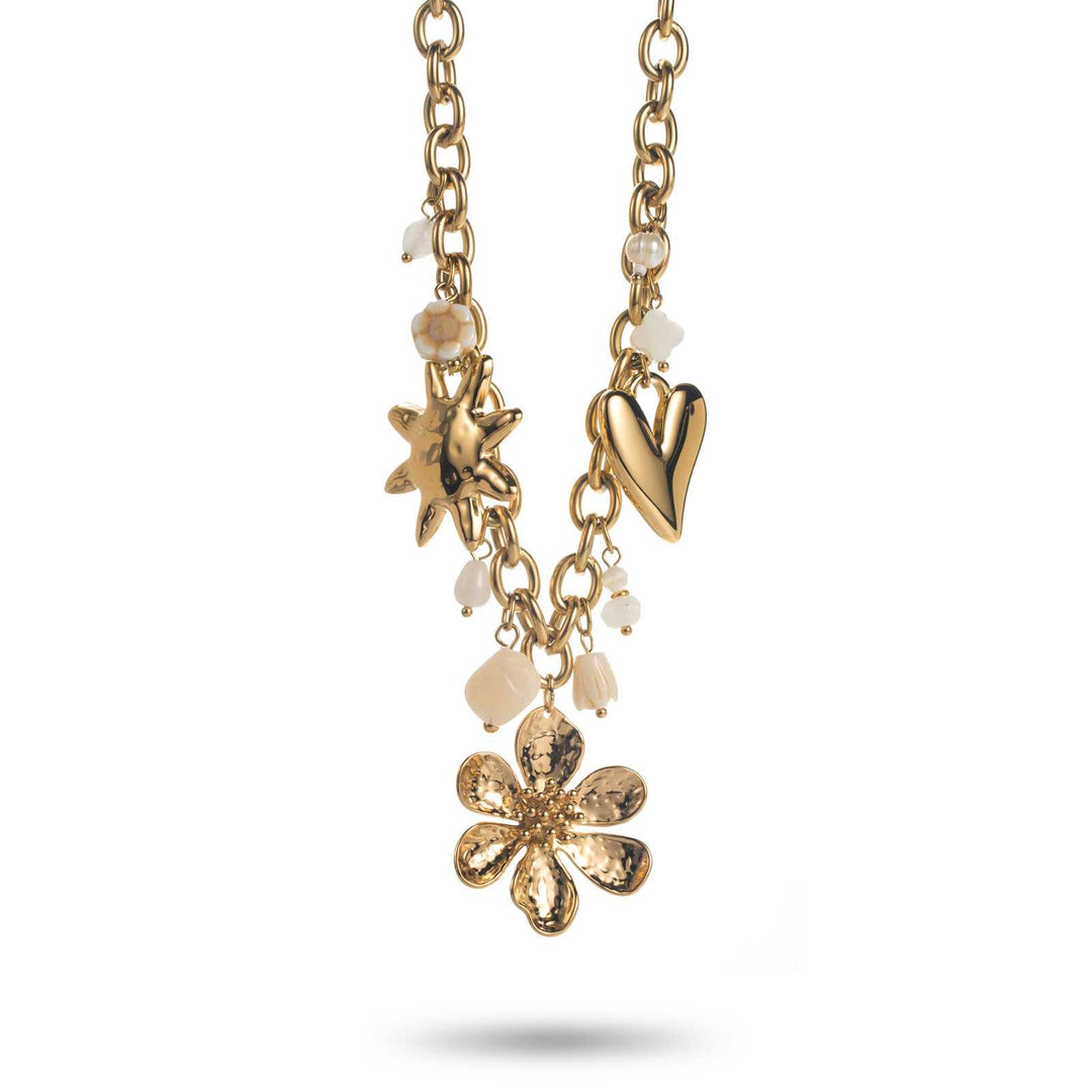 Collier doré et blanc avec breloques fleur, cœur et soleil en acier inoxydable