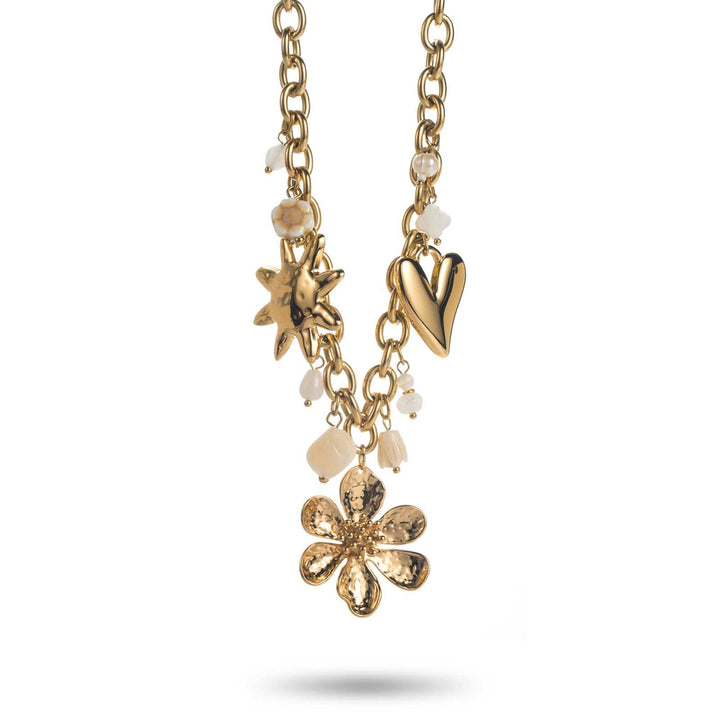 Collier doré et blanc avec breloques fleur, cœur et soleil en acier inoxydable