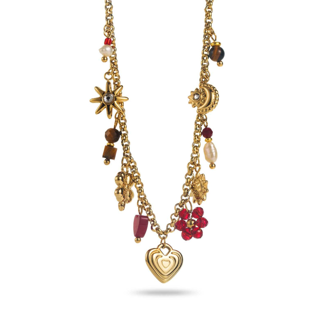 Collier doré en acier inoxydable à maillons fins avec breloques bordeaux et chocolat – Bijou réglable, hypoallergénique et résistant à l’eau