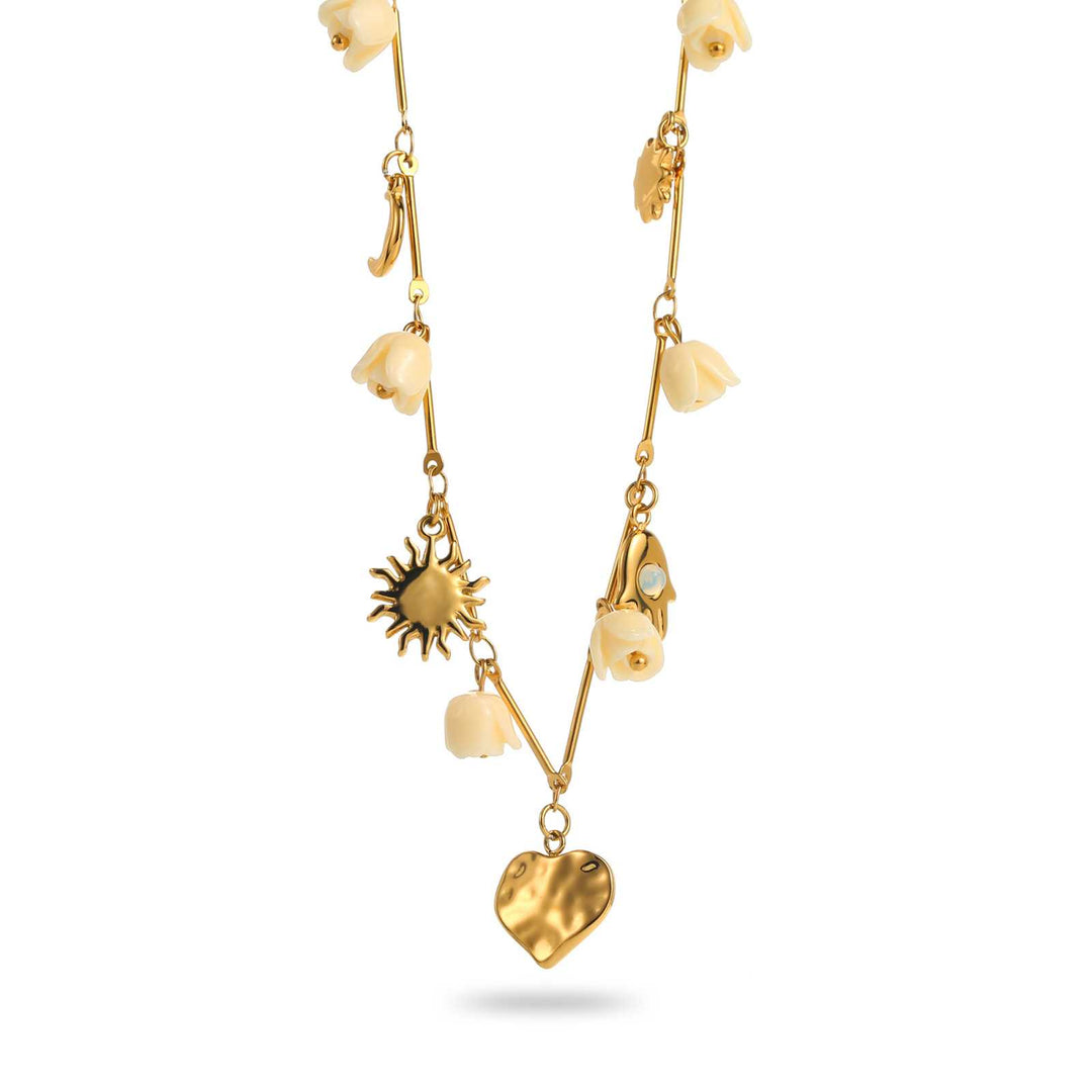 Collier doré en acier inoxydable avec breloques tulipes blanches, soleil, lune, main et cœur, réglable 40+5 cm, hypoallergénique et résistant à l’eau