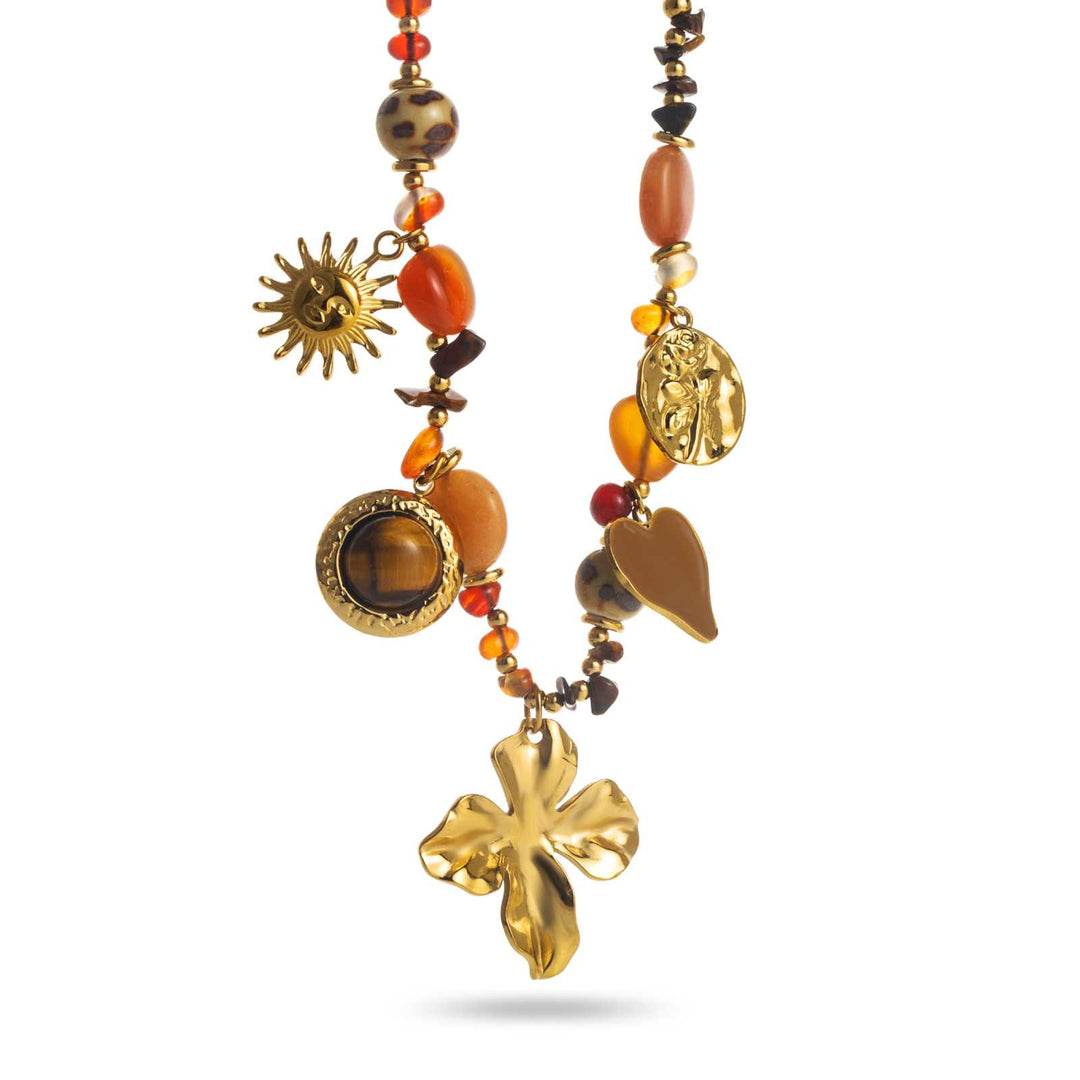 Collier doré et chocolat en acier inoxydable avec breloques fleur, soleil et cœur – Bijou réglable, hypoallergénique et résistant à l’eau