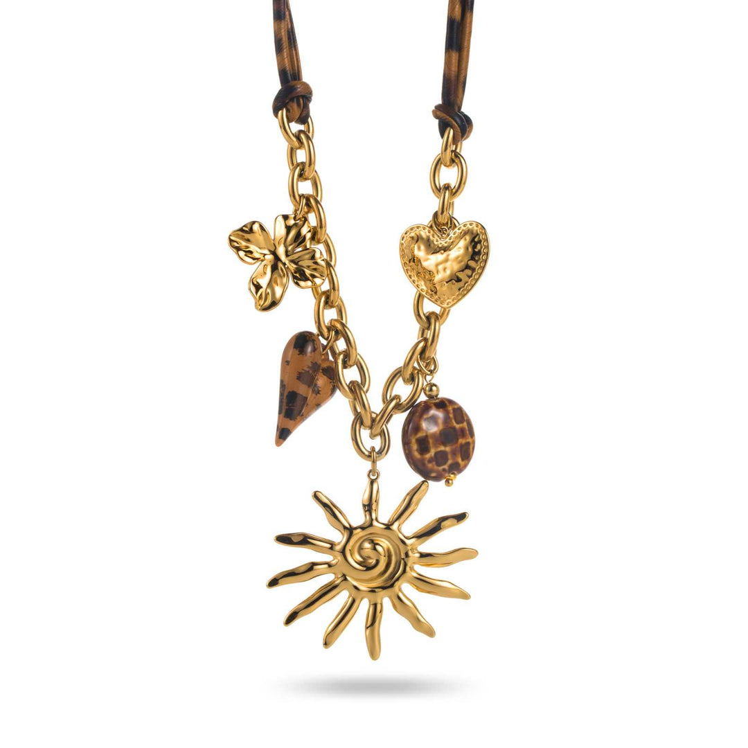 Collier doré et corde léopard à breloques avec soleil central, cœur et trèfle – Bijou tendance hypoallergénique