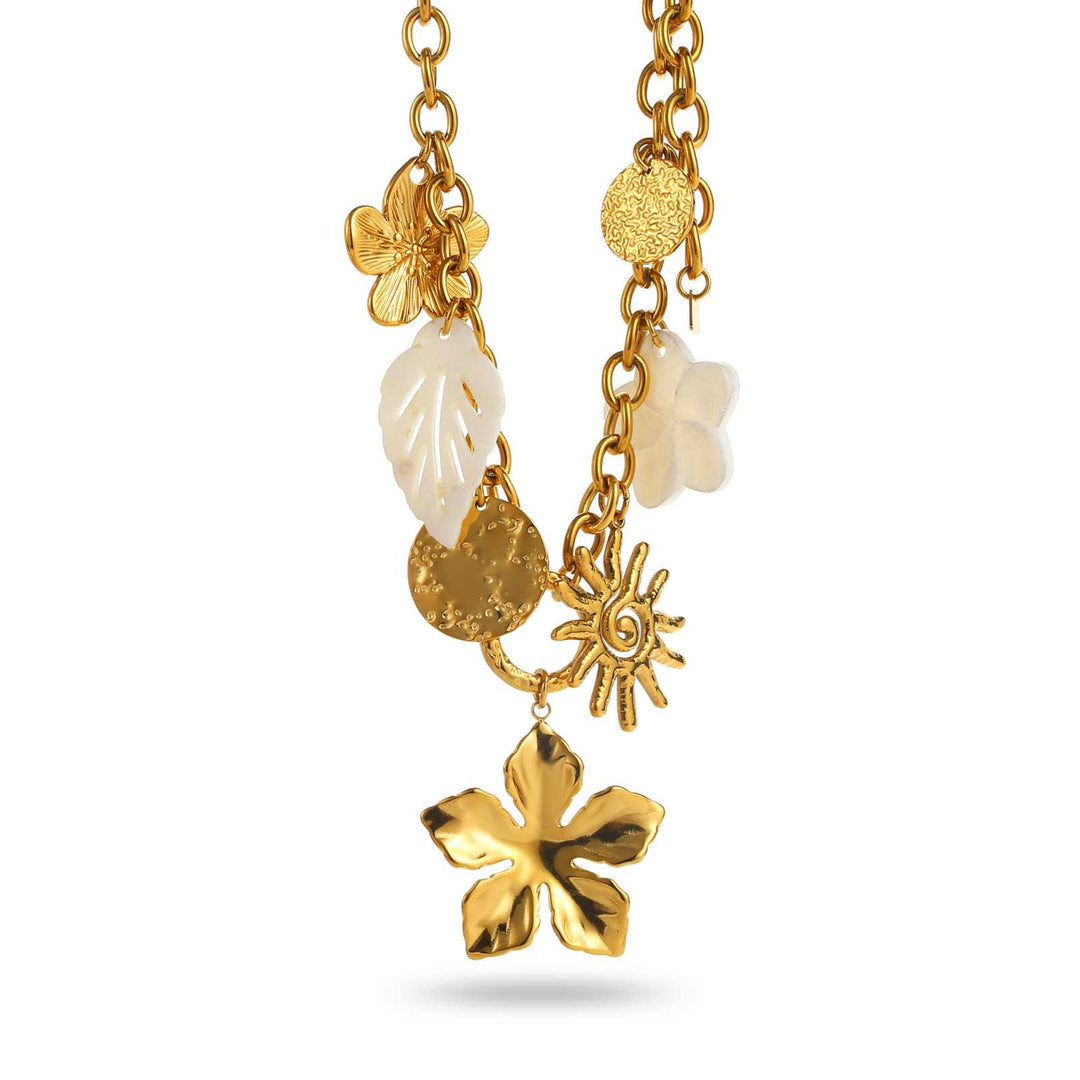 Collier doré à maillons épais en acier inoxydable avec breloques fleurs, soleil, feuilles et médaillons martelés, réglable 40+5 cm, hypoallergénique