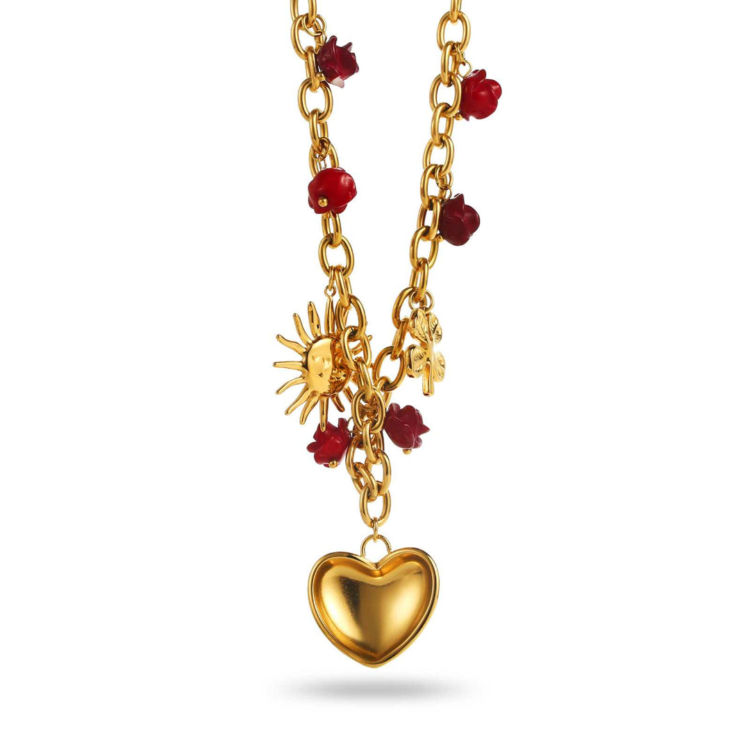 Collier doré à maillons avec breloques fleurs rouges, soleil, trèfle et cœur, en acier inoxydable réglable et hypoallergénique