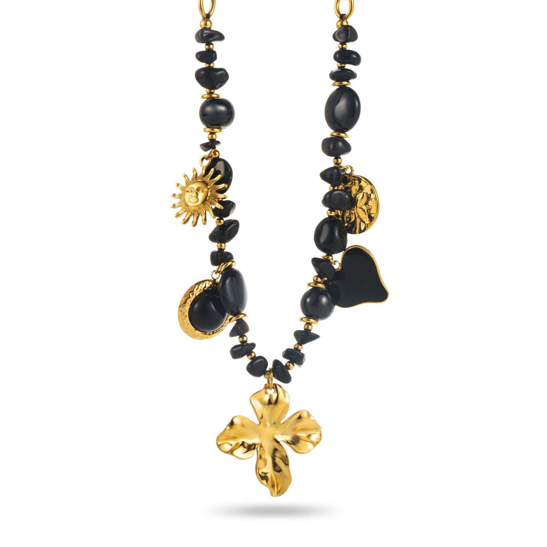 Collier doré et noir en acier inoxydable avec breloques fleur centrale, soleil et cœur – Bijou tendance hypoallergénique